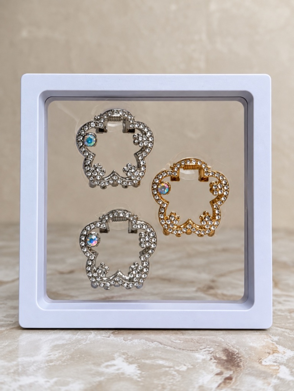 Boutique Jeweled Clover Rhinestone Hair Claw Clips Gold Silver 3 Pc Set